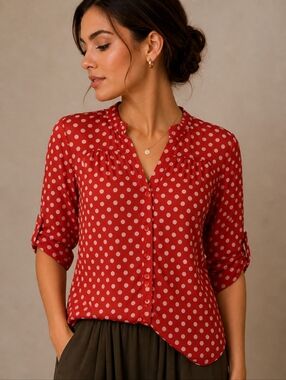 EDEN & OLIVIA Red Polka Dot Mesh Button Down Shirt
